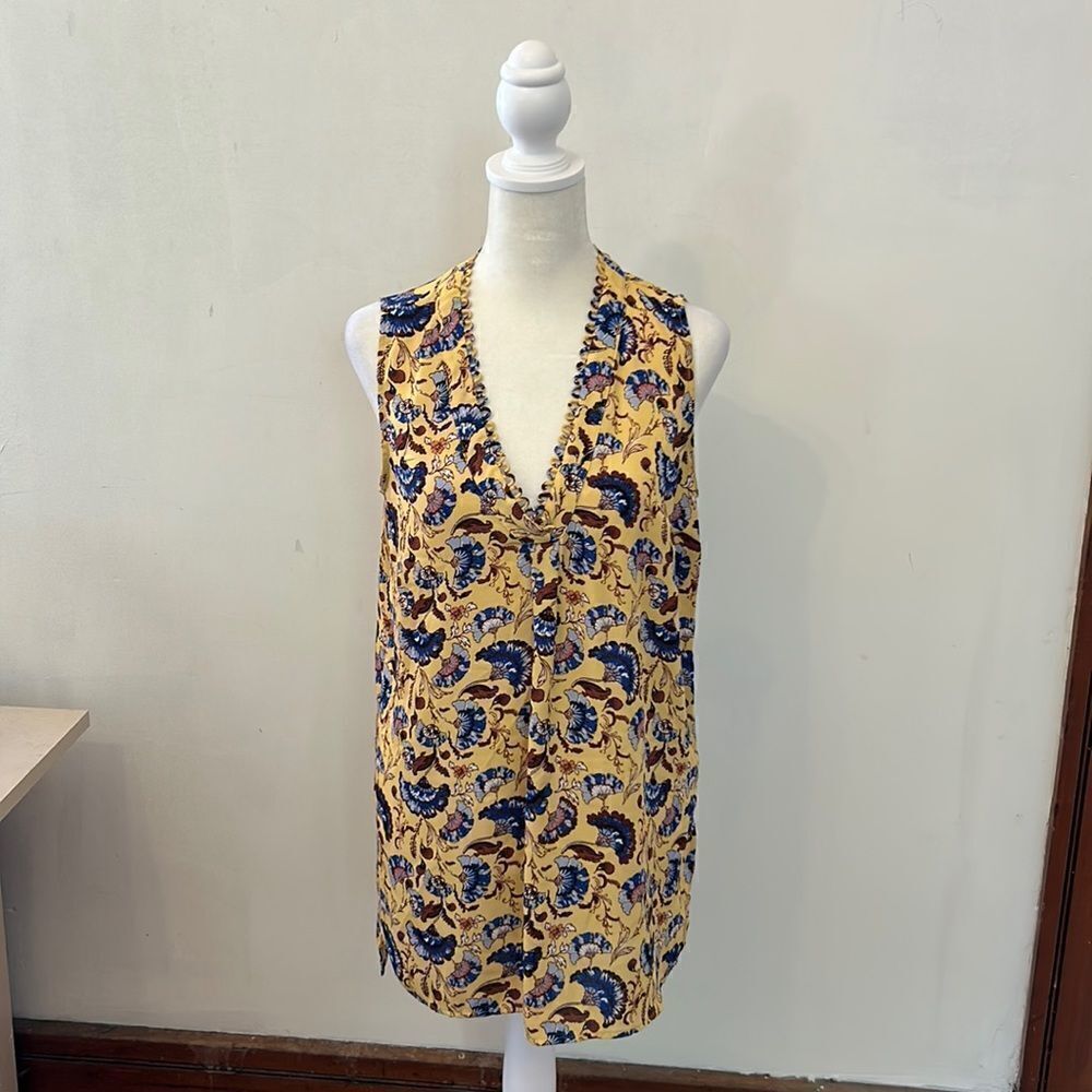 DR2 yellow brown blue floral sleeveless blouse Size S